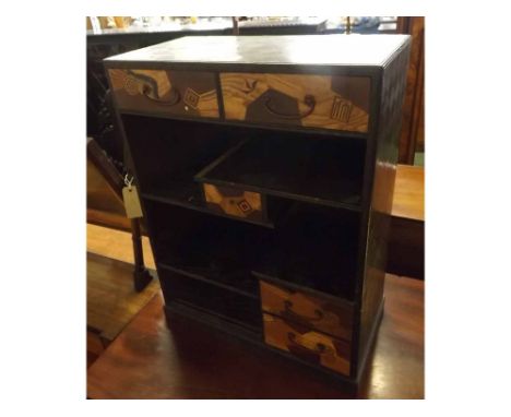 Small early 20th century inlaid mahogany chest/shelf combination fitted with five drawers, 14 1/2" wide  