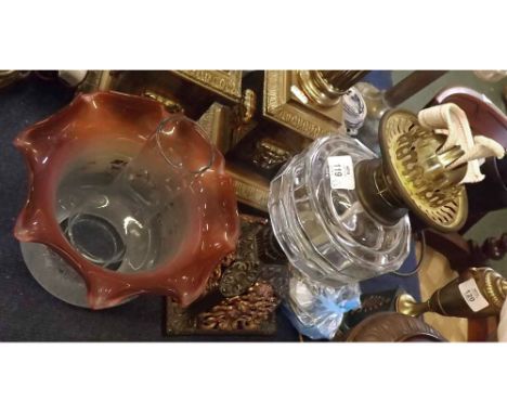 Late 19th century oil lamp, with clear glass font, frosted glass shade and cast metal base