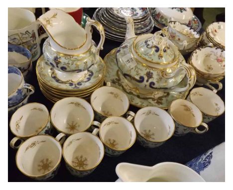 Quantity 19th century Davenport floral and gilt highlighted tea wares, to include teapot, milk jug, side plate and quantity o