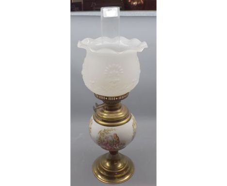 20th century oil lamp, with decorated ceramic font 
