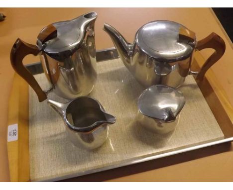 Piquot ware four-piece tea service and tray  