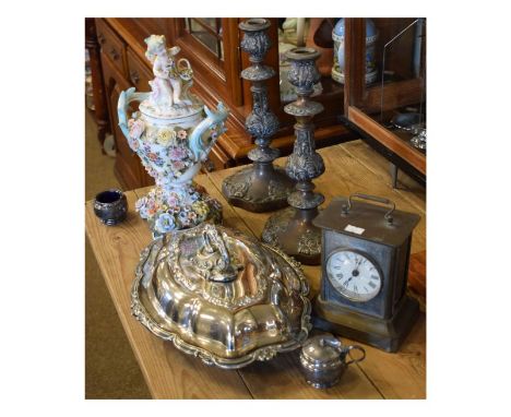 Group of assorted collectables comprising: German sheet metal mantel or travelling clock by Junghans, pair of plate on copper