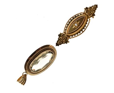 Victorian 15ct brooch set seed pearl, together with an oval pendant stamped 14k set pale grey hardstone   Condition: 