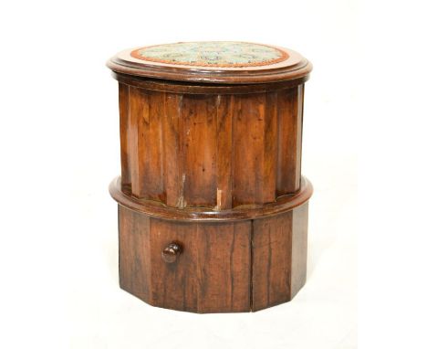 Mid 19th Century walnut commode stool, the hinged circular cover enclosing inner seat, the exterior of fluted cylindrical for