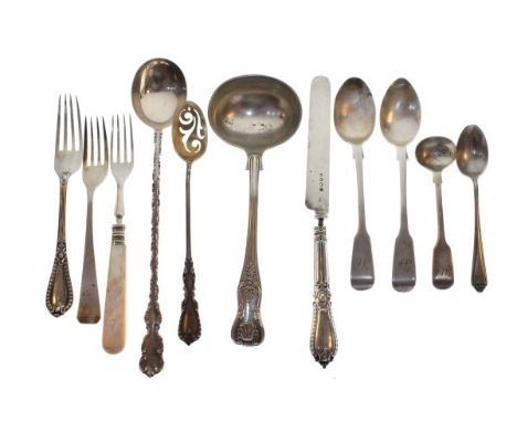 Victorian silver sauce ladle, London 1852, two silver tea spoons and a quantity of other metal spoons etc   Condition: 