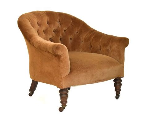 Victorian tub shaped armchair upholstered in button back brown fabric   Condition: 