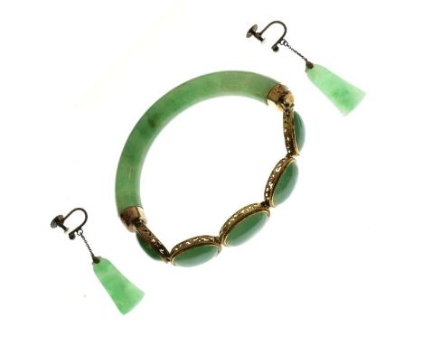 Jade coloured hardstone bangle formed of semi-circular strip plus five linked oval cabochons, together with a pair of similar