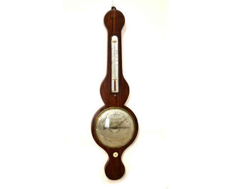 19th Century rosewood wheel barometer, the silvered dial inscribed A.Waterstone & Co., of Edinburgh with alcohol thermometer 