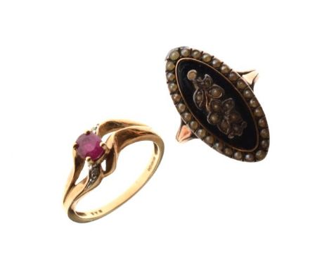 9ct gold ring set diamonds and ruby coloured red stone in crossover design, size O, together with an unmarked yellow metal ri