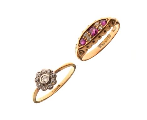 18ct gold ring set four small diamonds and three ruby coloured red stones, size M, together with a yellow metal and diamond c