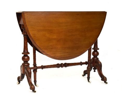 Victorian walnut oval Sutherland drop-leaf table, fitted ceramic castors   Condition: 