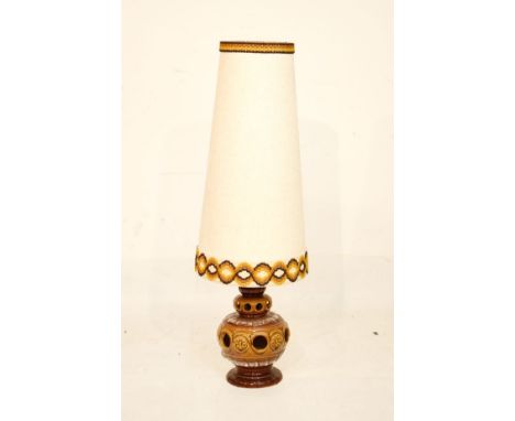 West German pottery table lamp of globular form with brown glaze together with a tall lampshade, overall 115cm high   Conditi