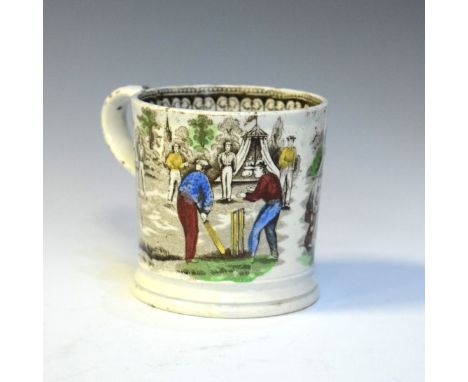 Late 19th Century English transfer printed pottery mug depicting a country cricket match, 8cm high   Condition: 