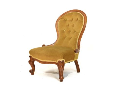 Victorian walnut framed spoon back salon chair raised on cabriole supports, upholstered in green button back fabric   Conditi