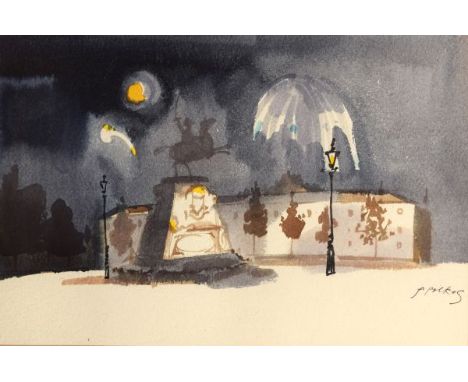 'Michael Ffolkes' (Brian Davis 1925-1988) - watercolour - Moonlit scene with equestrian statue and street lamp, signed lower 