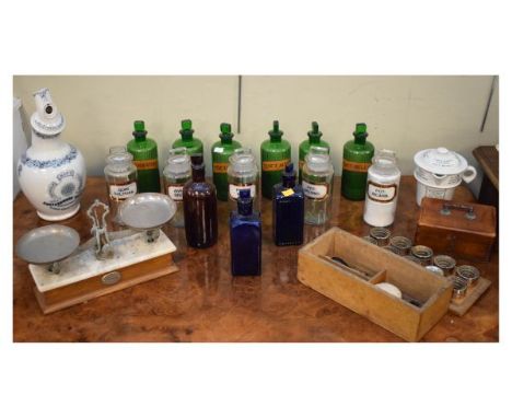 Selection of Chemists/apothecary collectables to include; Double Maw's Valve Earthenware Inhaler, Avery scales with marble pl