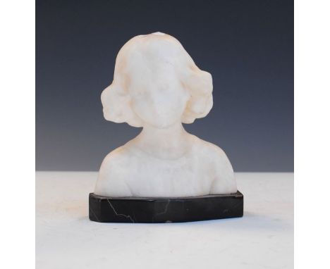 Early 20th Century alabaster portrait, head and shoulders bust of a young girl, on black marble plinth, overall height 15.5cm