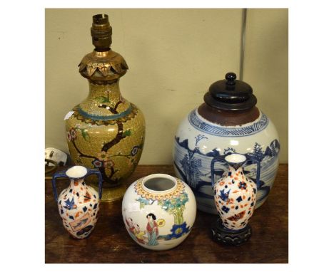 Group of assorted ceramics and cloisonné wares to include; 20th Century cloisonné table lamp, Chinese blue and white ginger j