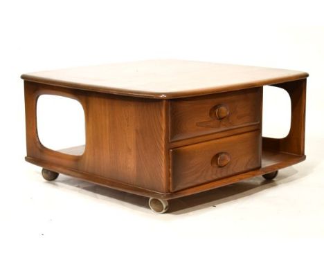 Ercol Pandora square coffee table, fitted two drawers with under tier on castors   Condition: 