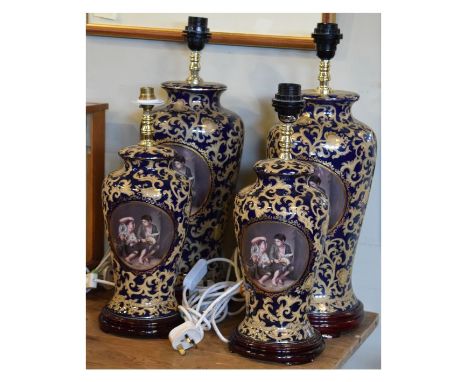 Two pairs of reproduction porcelain table lamps, each with printed portrait panels of young boys after Murillo, reserved on d