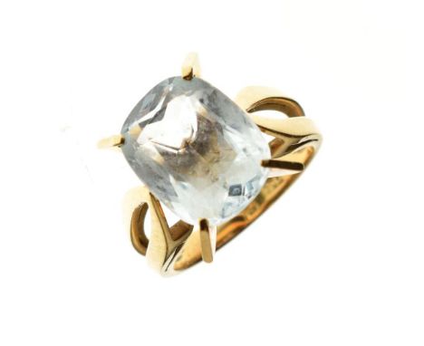 Yellow metal ring set large aquamarine coloured stone, the shank stamped '750', size K, 5.7g approx gross   Condition: 