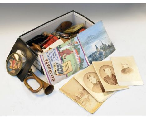 Quantity of interesting miscellanea including; metal moneyboxes formed as letterboxes, miniature bugle, corkscrew, etc   Cond