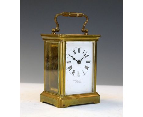 Brass carriage clock, the white enamel dial marked Desprez, Bristol having Roman numerals   Condition: 