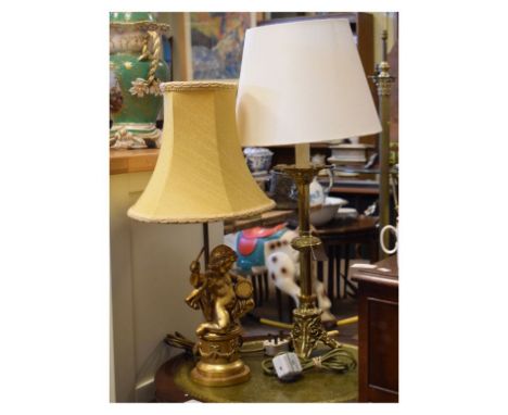 Ecclesiastical style brass table lamp with six lobed petal sockets and cylindrical stem with knop on triangular base with pie