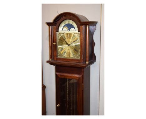 Modern mahogany cased three weight driven chiming longcase clock by Fenclocks, Suffolk, the break arch brass dial with rollin