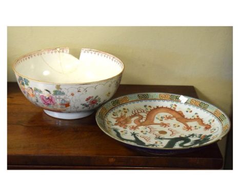 Cantonese enamel decorated dish depicting two dragons around a flaming pearl, the underside with six character mark, together