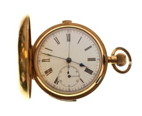 Continental yellow metal cased full hunter pocket watch with centre second sweep and subsidiary dial, the case stamped K18 27