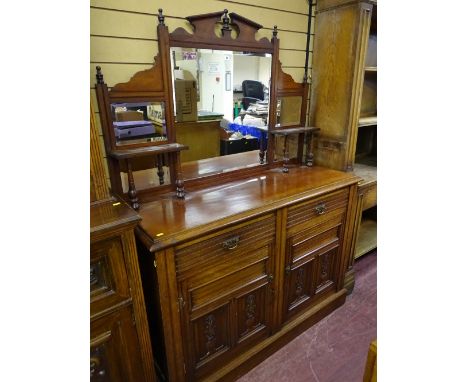 AN EDWARDIAN MAHOGANY MIRROR BACK SIDEBOARD, the multiple bevelled edge mirror back with pediment and finial decoration, the 
