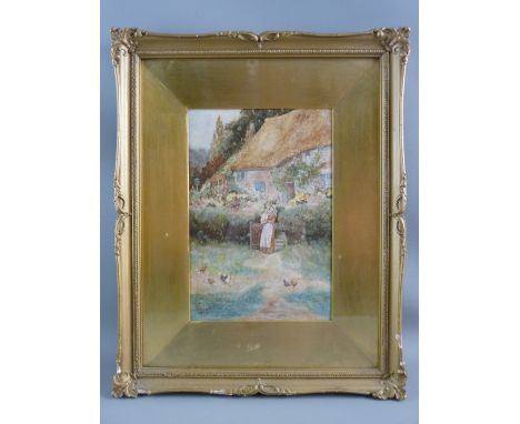 JOHN POTTINGER watercolour - mother and child at the gate of a thatched cottage, signed, 24 x 16 cms