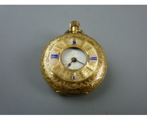 AN EIGHTEEN CARAT GOLD CASED LADY'S HALF HUNTER FOB WATCH, the chase decorated case having an interior white enamel dial set 