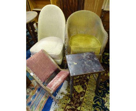 TWO LLOYD LOOM STYLE WICKER CHAIRS, a stool and a small 'X' framed rocker