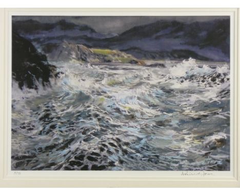 ALED PRICHARD-JONES coloured limited edition (5/75) print - rough seas near Criccieth, signed in full, 29 x 43 cms