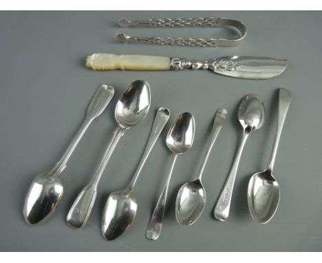 SEVEN SILVER TEASPOONS, a pair of pierced sugar tongs and a hallmarked butter knife with mother of pearl handle, 4.7 troy ozs