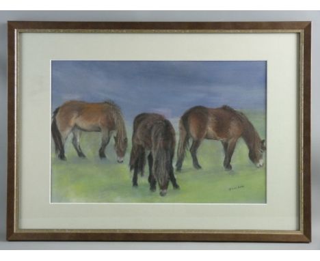 JANE MOULES JONES pastel/mixed media - three grazing Exmoor ponies, signed, 30 x 45 cms