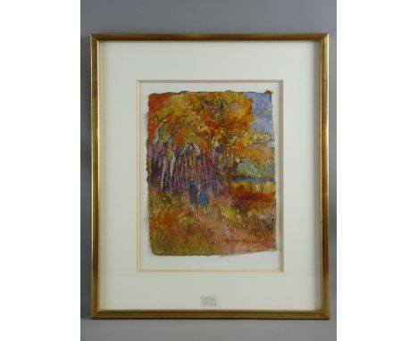 GWILYM PRICHARD pastel - two figures on a woodland path, signed and entitled verso 'Promanade en Automne', 32 x 25 cms