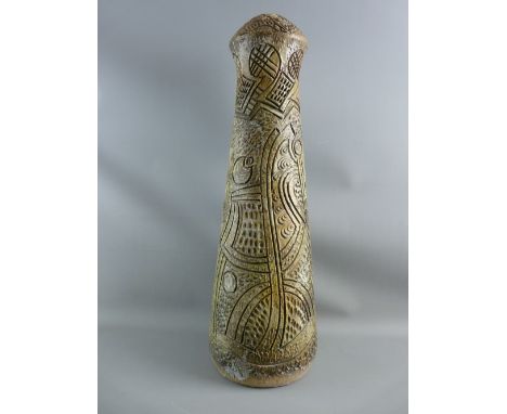 A TILGMANS KERAMIK STONEWARE LAMP BASE having incised and textured designs with muted glazes, the lower body incised with ini