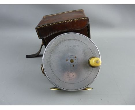 C FARLOW & CO LTD, LONDON 4 ins ALLOY FISHING REEL with leather case, both with maker's stamp, the reel with trademark 'Hold 