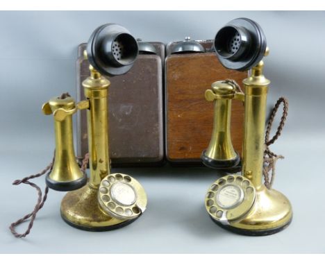 A PAIR OF VINTAGE BRASS & BAKELITE CANDLESTICK TELEPHONES with associated GPO bell boxes, the mouthpieces marked 'TE234 no. 2