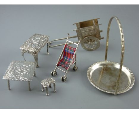 ENGLISH & CONTINENTAL MINIATURES in hallmarked silver and white metal including two small tables and a stool, a two wheeled c