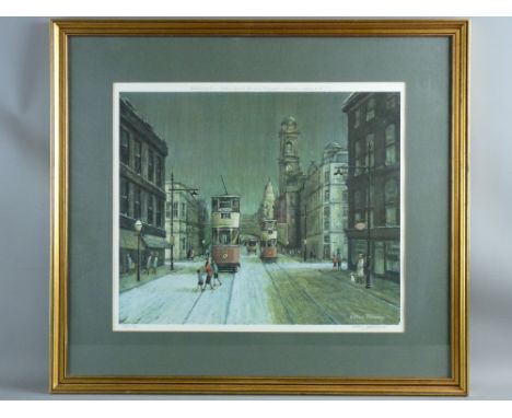 ARTHUR DELANEY coloured limited edition (309/450) print - Manchester street scene with trams, signed in full, 39 x 46 cms