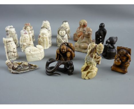 SEVENTEEN MODERN NETSUKE and two small carved hardstone Budai, the netsuke in various composites and materials, forms include