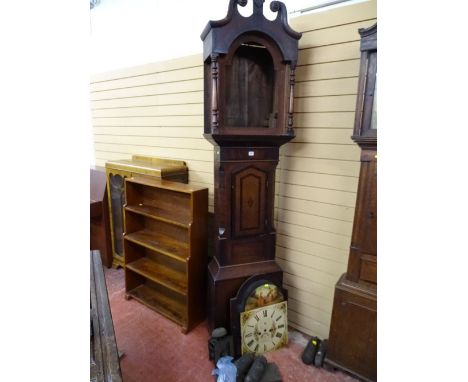 A 19th CENTURY ARCHED DIAL LONGCASE CLOCK (for restoration), the hood with swan neck pediment and turned door flanking pillar