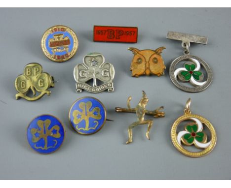GOLD, SILVER, ENAMEL & OTHER METAL GIRL GUIDE BADGES to include a nine carat gold 'Thanks' pendant, 5 grms, a silver example 