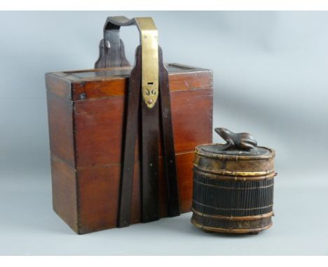 TWO VINTAGE STYLE CHINESE WOODEN CONTAINERS in the form of a split three section carry case with brass banded handle, 34.5 cm