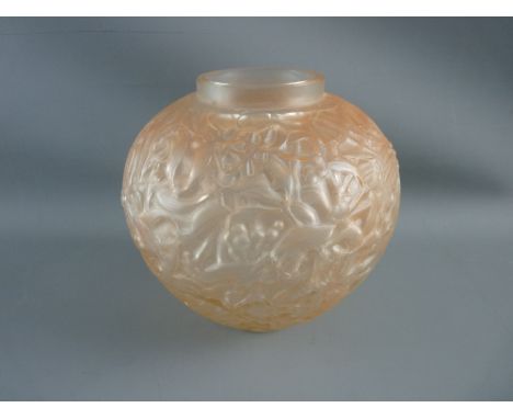 A LALIQUE GUI VASE of globular form with moulded mistletoe decoration heightened in pink, impressed 'R Lalique' to the base, 
