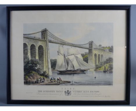 1970's COLOURED PRINT - the schooner yacht 'Wyvern' passing under the Menai Tubular Bridge, from the original published print